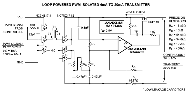 Figure 1. This loop-powered 4–20mA transmitter features PWM drive and galvanic isolation from the input signal.